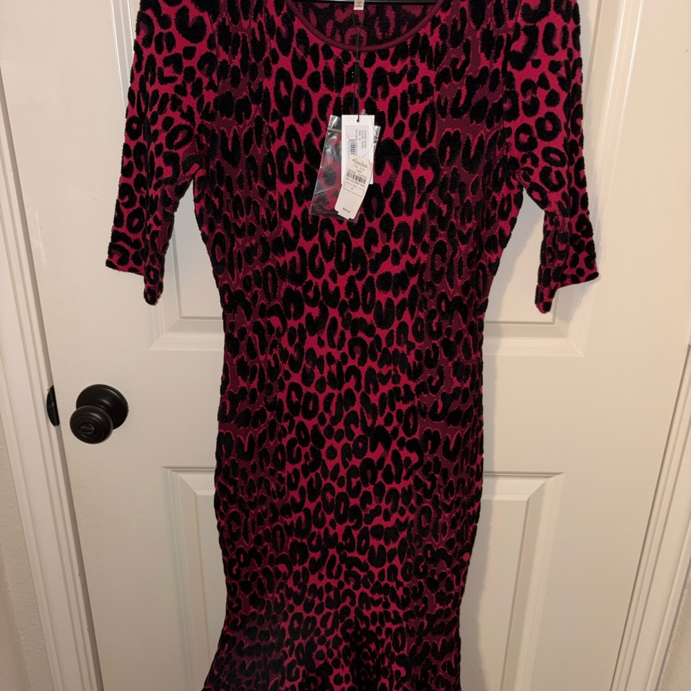 Milly Fuchsia and Black Leopard Print Long Sleeve Dress